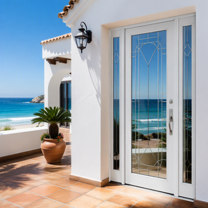 Mediterranean Style White Aluminum Glass Entrance Door Elegant Decorative Lattice Security Entry Door for Seaside Villa