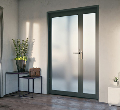 Unequal double aluminum hinged door with sidelite glass