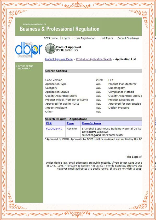 Florida Product Approval Certificate